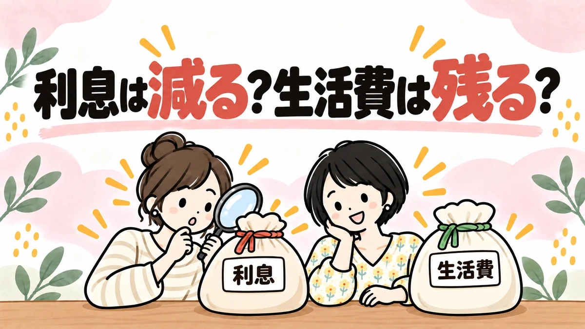 利息が減るかと生活費が残るかを虫めがねで確かめる女性と、見守るなゆのイラスト
