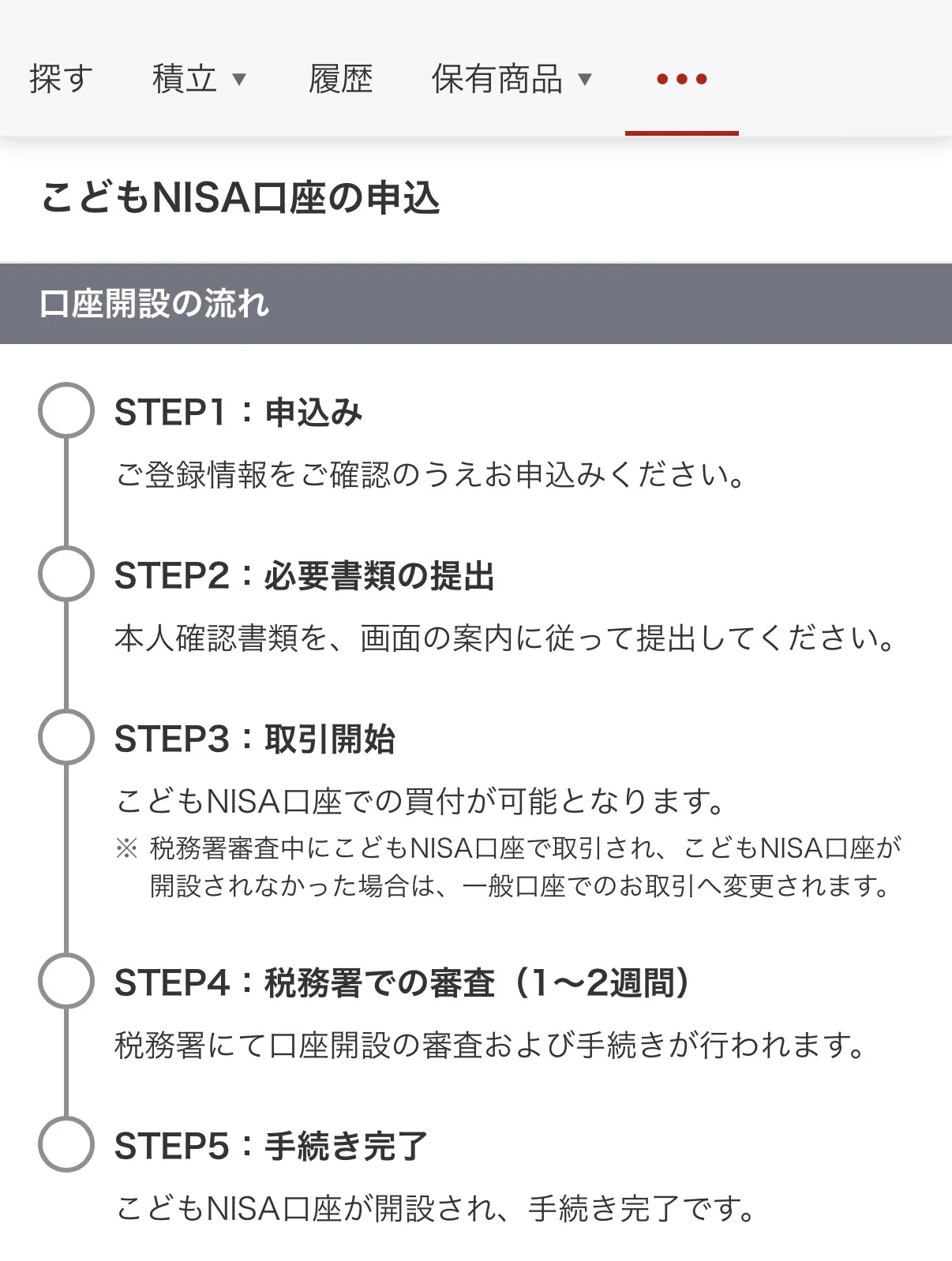 こどもNISA口座開設の流れ。STEP1申込みからSTEP5手続き完了まで
