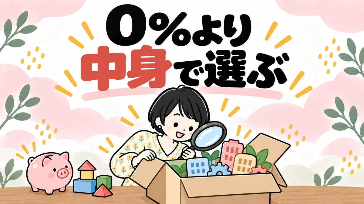 「0%より中身で選ぶ」という文字と、虫めがねで箱の中をのぞくなゆ、貯金箱と積み木のイラスト