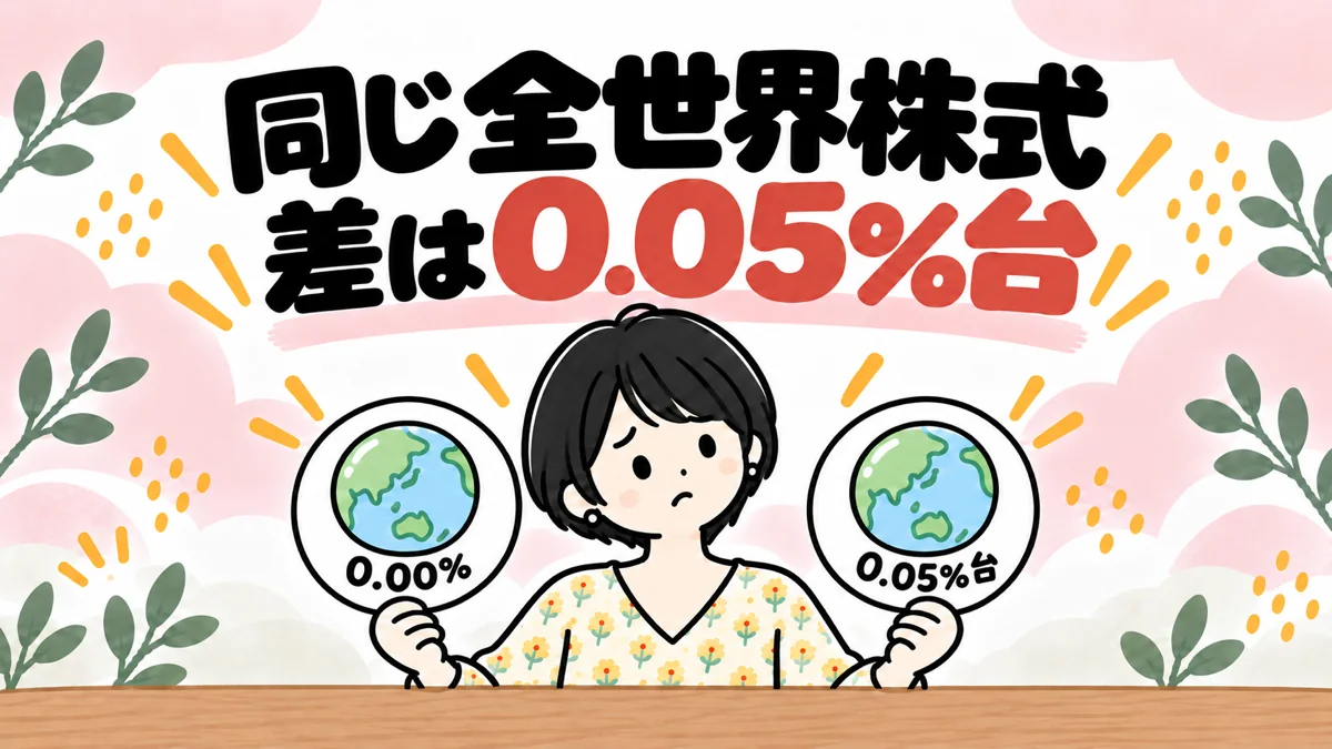 「同じ全世界株式、差は0.05%台」という文字と、地球の絵のカード2枚を見比べるなゆのイラスト