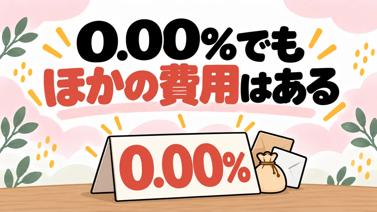 信託報酬が0.00%でもほかの費用がある、という文字と、札の裏にのぞくコイン袋のイラスト